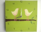 Love birds Wall clock- birds on a branch green and pink clock  -unique gift- canvas clock- Decorative  hand painted Square clock