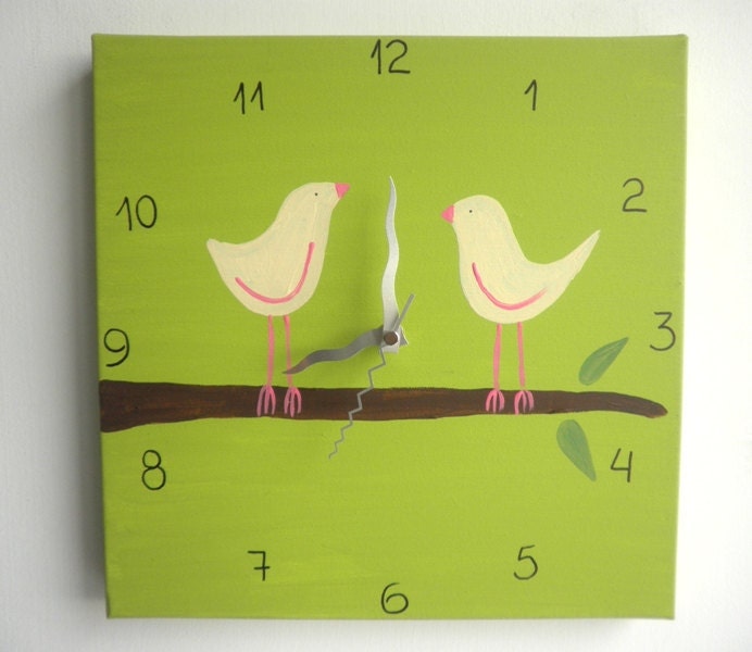 Love birds Wall clock- birds on a branch green and pink clock  -unique gift- canvas clock- Decorative  hand painted Square clock