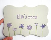 Personalized kids Door sign- Purple and cream flowers door sign for children's room, children decor, kids sign, girls sign, family sign