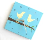 Love birds Wall clock- birds on a branch Blue and cream 8" x 8" clock  -unique gift- - canvas clock- Decorative  hand painted Square clock