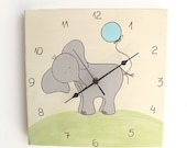 Children's clock- Elephant Grey and spring green on Cream/ Antique White ,Hand painted on canvas- nursery clock