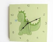 Kids Wall clock- Baby Dinosaur Green Square Clock for children/ nursery room - Hand painted on canvas