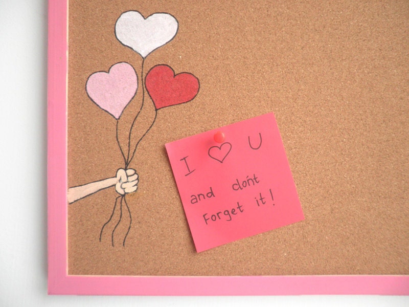 Memo Cork Board- Pink and Red hearts memo board -  I love u hand painted message board, Bulletin Board