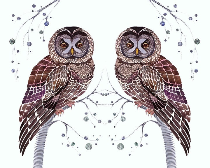 Owls lacy birds art print "Lacy Owl Twins" by OlaLiola, size 10x8 (No. 31)