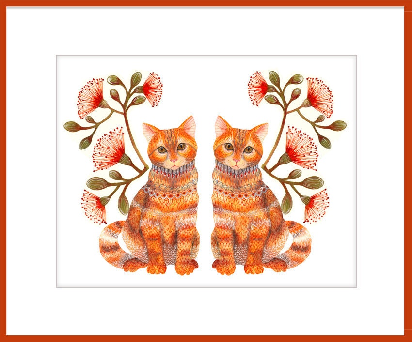 Cats couple animal art print "Lacy Twins" by OlaLiola, size 10x8 (No. 20)