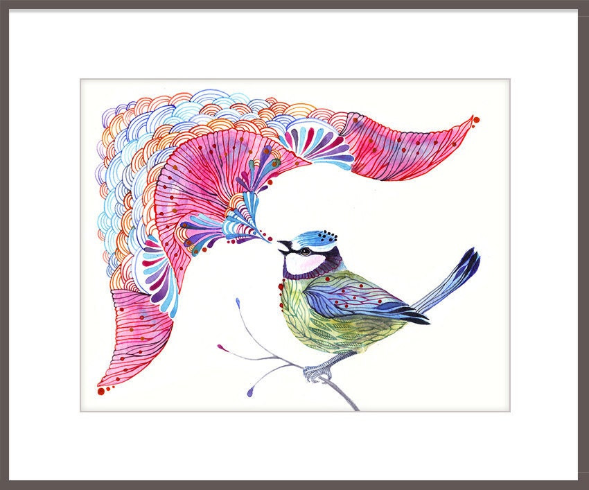 Singing Blue Tit - bird aquarelle artwork print, size 10x8 (No. 11)