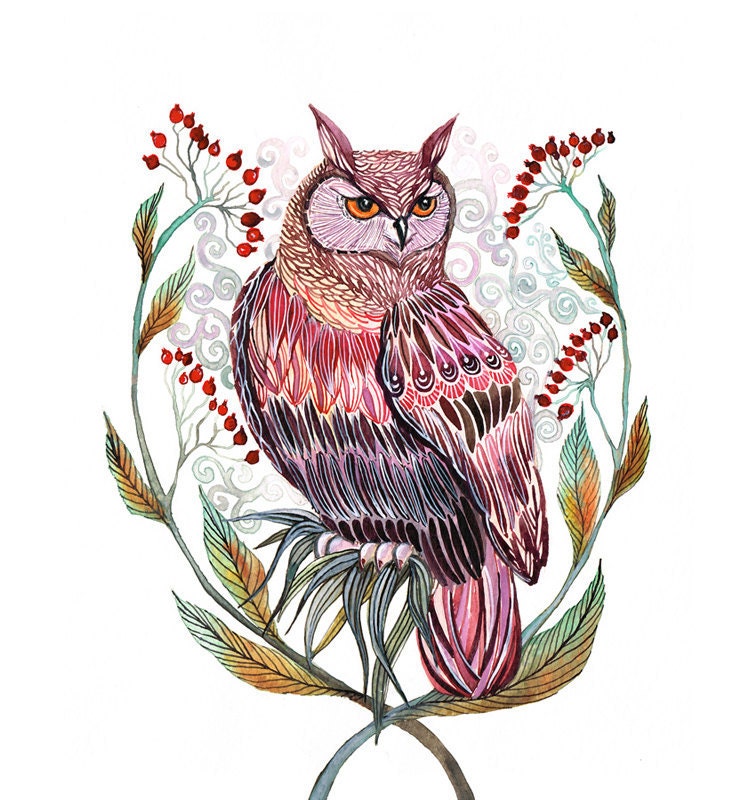 WINTER DISCOUNT - Owl bird art print "Harvest Owl" by OlaLiola, size 8x10, (No. 33)