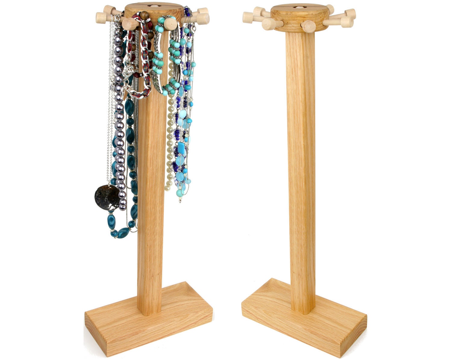 Necklace Holder Stand, Tall, Oak, Spinning, Wood, plus Bracelet and Ring Holder.  15" Necklace height.  Jewelry Display - Jewelry Holder