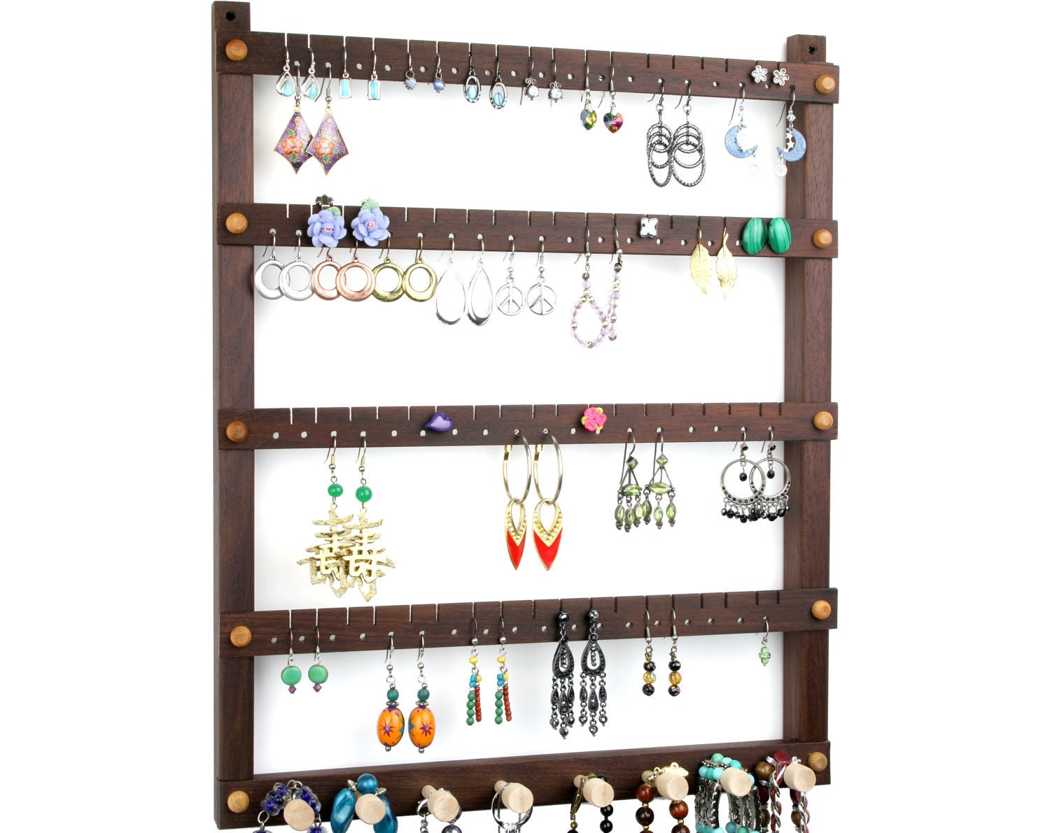 Jewelry Holder, Earring Holder, Hanging, Wood, Peruvian Walnut, Dark, Chocolate Brown, Necklace Holder. 72 pairs, 8 pegs. Jewelry Organizer