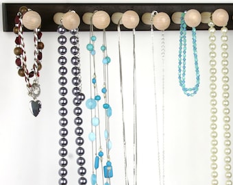Long Necklace Holder - Jewelry Display Bar, Wall Mount, Wood, Peruvian Walnut.  20", 14 Long Pegs. Hanging Necklace Rack.