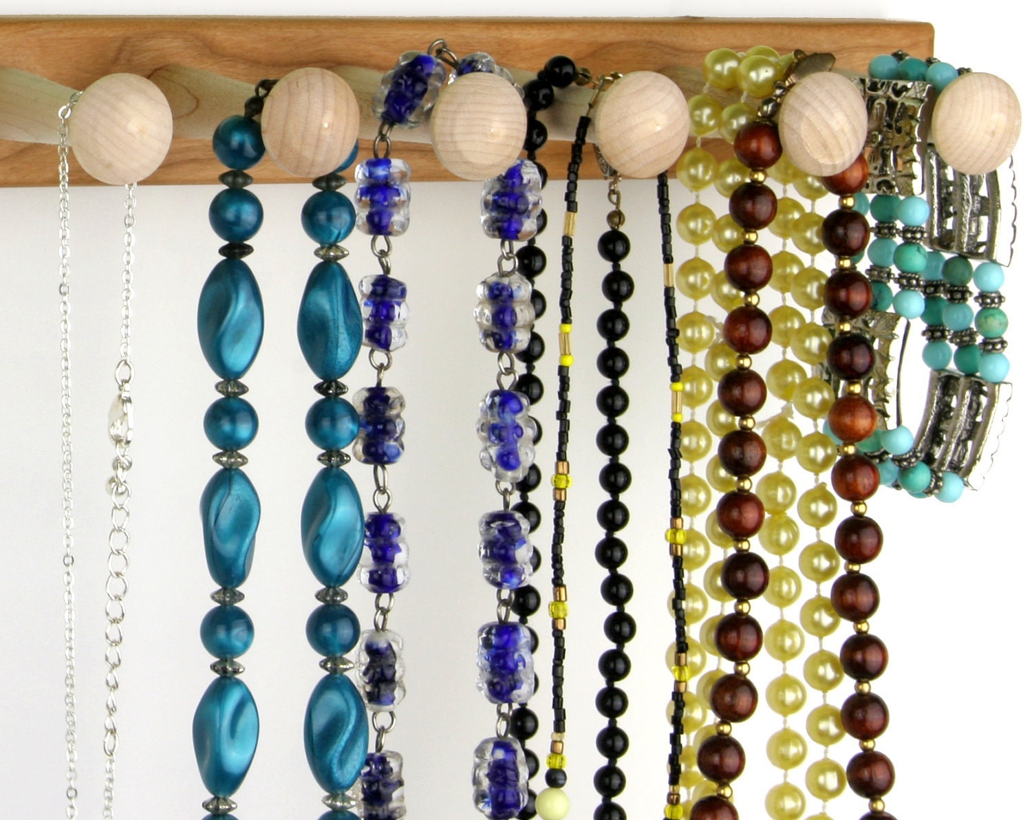 15" Wide Wall Mount Cherry Necklace Rack - Jewelry Display Rack, Wood.  15" Wide, 10 Long Shaker Pegs. Necklace Holder