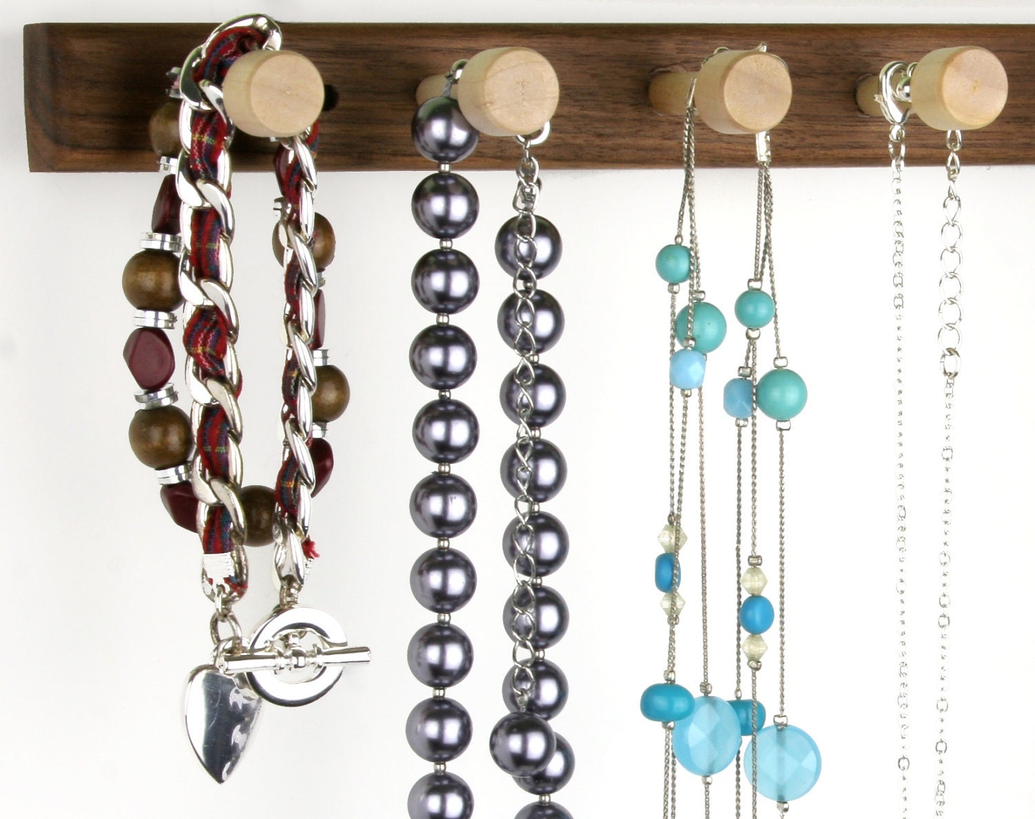 Small, 12" Peruvian Walnut Necklace Holder Bar- Wall Mount Jewelry Holder Rack, Wood. 8 Pegs. Compact. Hanging Jewelry Rack