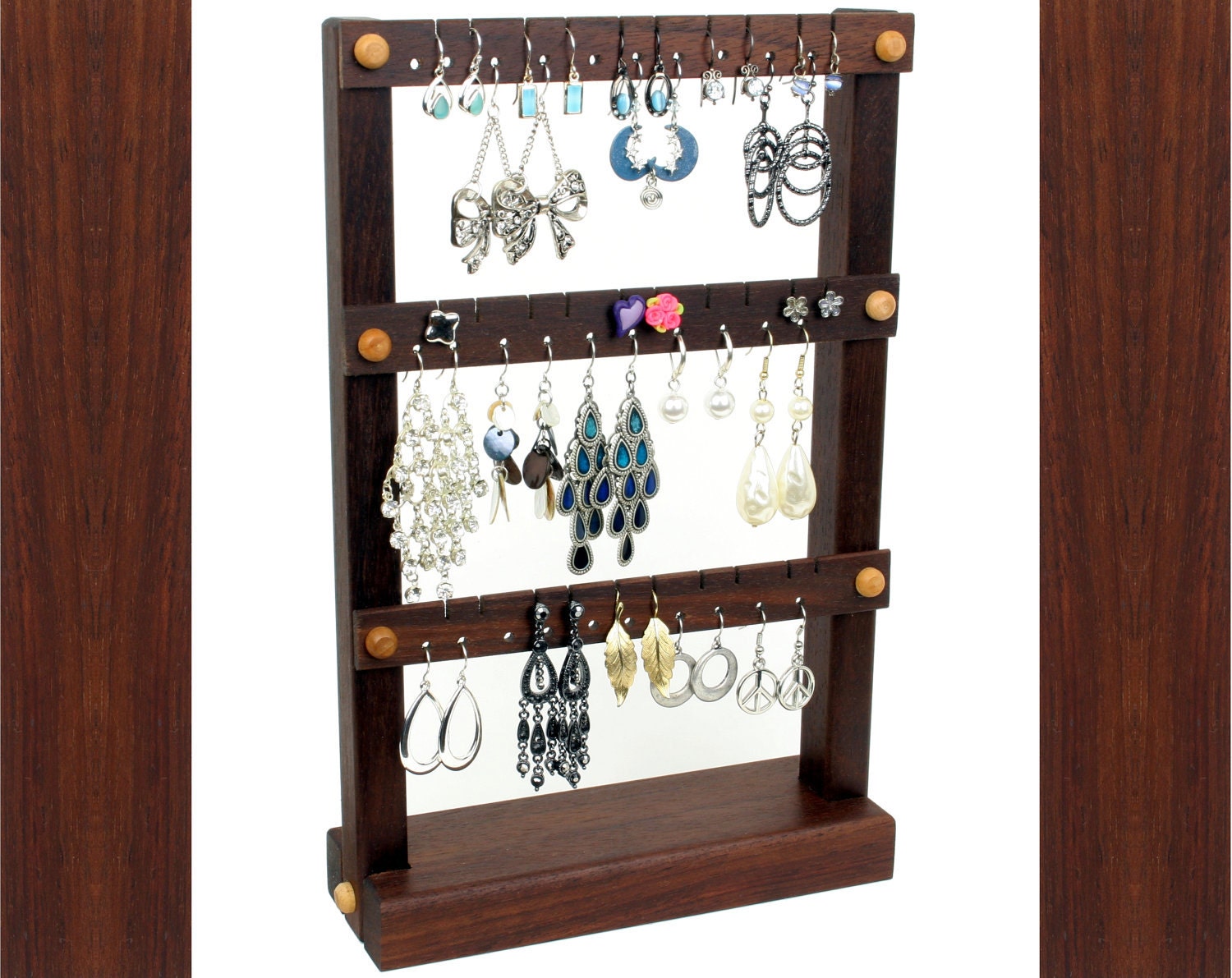 Jewelry Organizer - Earring Holder Stand, Peruvian Walnut, Wood, Chocolate, Dark Brown. Holds up to 30 pairs. Jewelry Holder