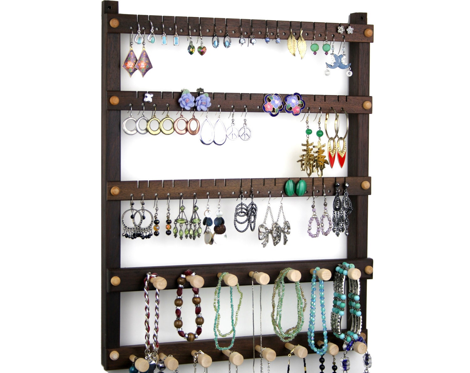 Jewelry Holder - Peruvian Walnut Earring Holder, Hanging, Wood, 2 Necklace Bars. 54 pairs of Earrings, plus 15 pegs. Jewelry Organizer