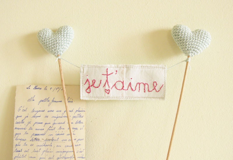 Mint Wedding Cake Topper Je T'aime Sign with Crocheted Hearts Something Blue by Cherrytime Made to Order on Etsy