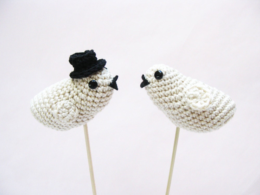 Wedding Love Birds Cake Topper Crochet Birds Bride and Groom Black and White Wedding by Cherrytime