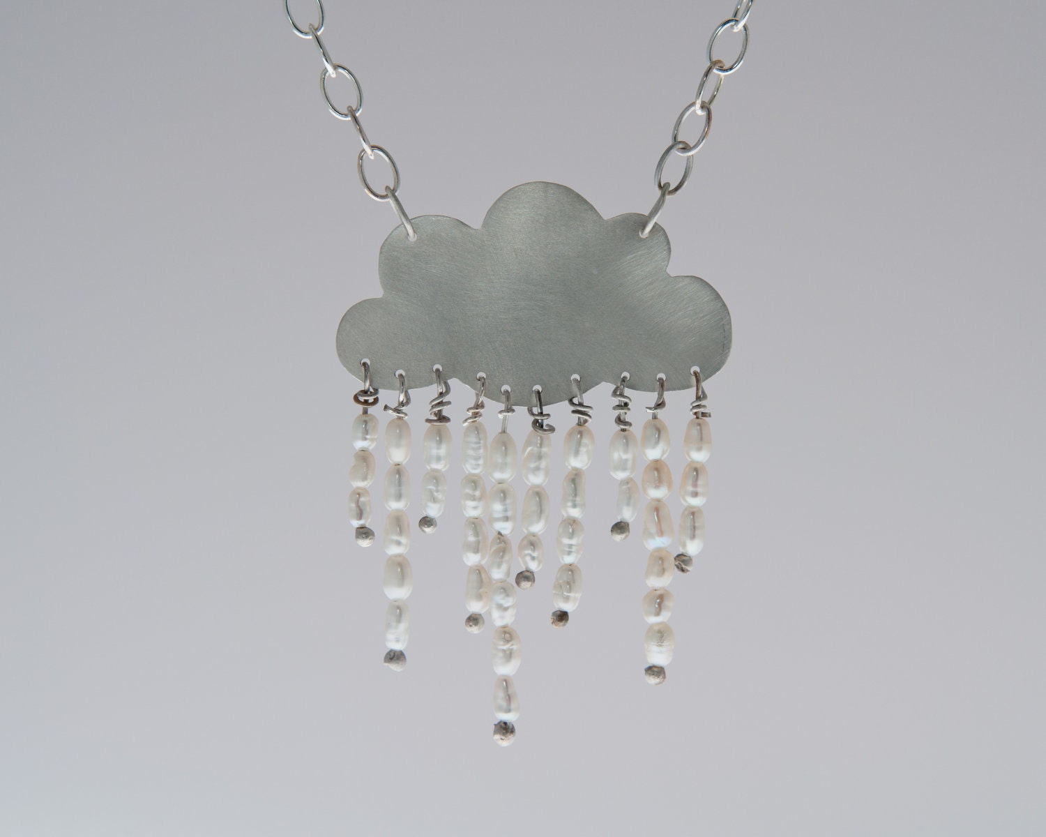 Angel Tears Rain Cloud Statement Necklace Sterling Silver Tiny White Freshwater Pearls Chic Romantic Innocent Dream Gift