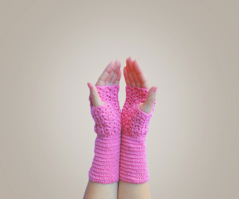 Fingerless Gloves - pink, hand crocheted wrist warmers
