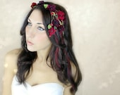 Flower Crown, Cascade Red Millinery autumn Flowers, Wedding Tiara, Bridal Hair Wreath, head wreath, fairy, woodland, fall