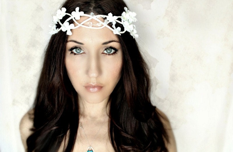Whimsical Wedding Flower Crown, White Tiara, Crystals, fairy wedding, bridal, flower girl - SOLANGE - -