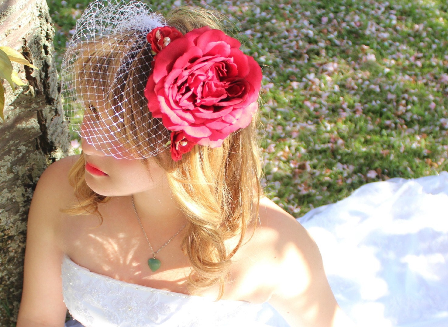 5 pc set, Wedding Hair Flower and Veil Red Rose, wedding accessory - JESS -