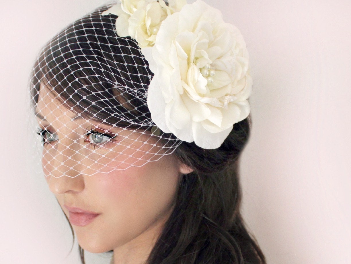 Bridal Birdcage Veil 5 pc set, Hair flowers,Ivory or White, wedding accessory, bridal headpiece - JOSIE -
