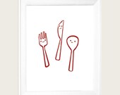Custom Color Happy Fork Knife and Spoon  Art Print 8x10