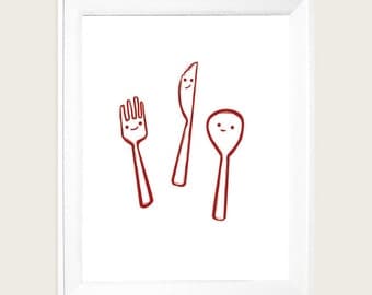 Custom Color Happy Fork Knife and Spoon  Art Print 8x10