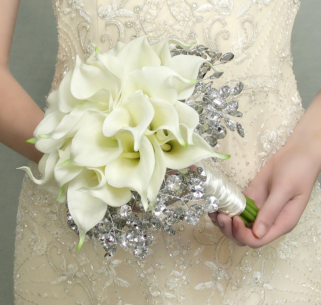 Wedding Flowers - Calla Lily Bridal Bouquet of White Lilies and Mirrored Beads - Fabulous Brooch Bouquet Alternative