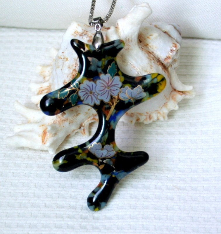 Fused Glass  Floral big pendant     OOAK