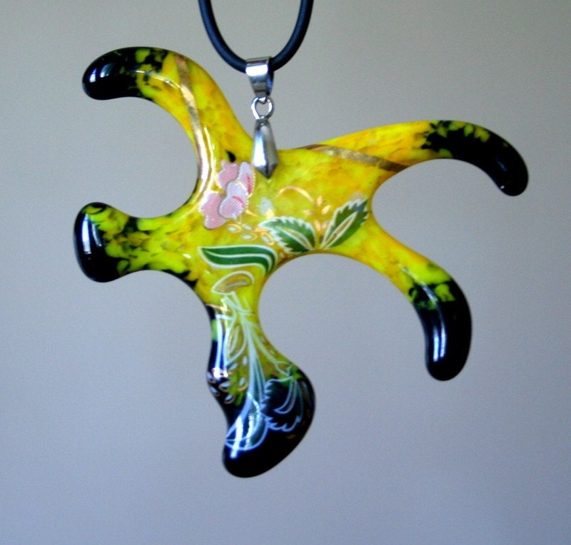 Fused Glass Yellow Floral big pendant