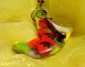 Fused Big Glass Yellow Green Floral  pendant Poppy red OOAK