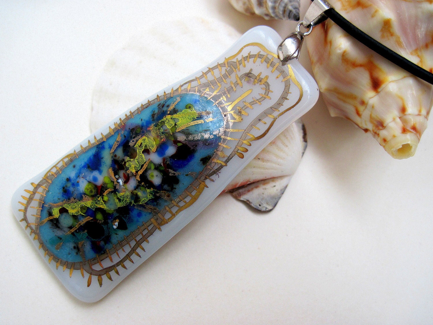 Fused Glass  Blue  White Ethnic pendant  OOAK