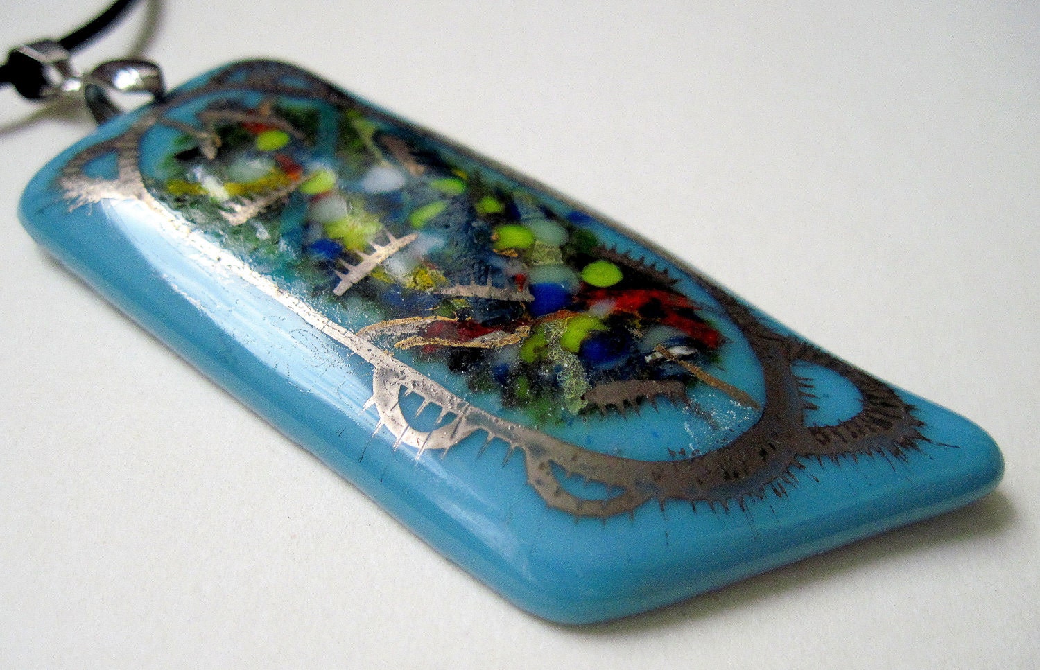 Fused Glass  Blue  Ethnic big pendant  OOAK