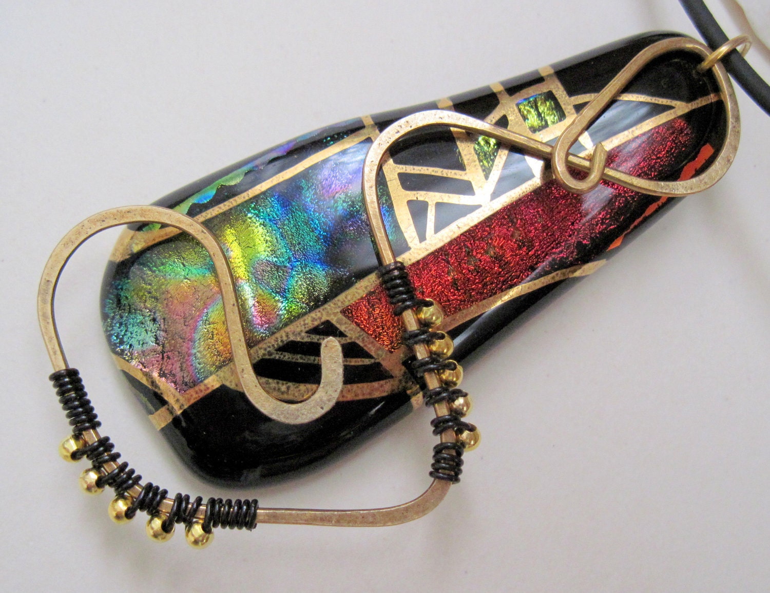 Dichroic Big Fused Glass   pendant  Dichroic glass pendant 22 K gold hand painting OOAK