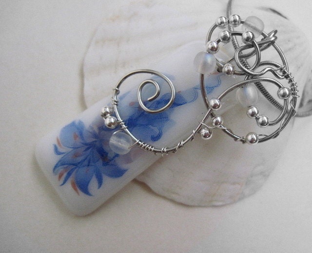 Fused Glass Tender Floral Pendant White Blue Delicate  OOAK