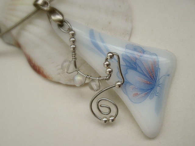 Fused Glass Tender Floral Pendant White Blue Delicate  OOAK