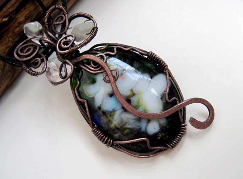 Fused Glass  Pendant Rustic  Copper Wire   OOAK