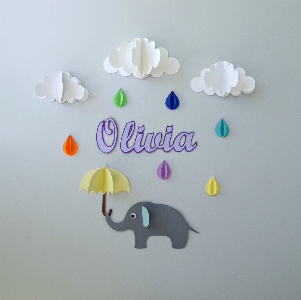 Custom Name Wall Art-Elephant, Raindrops, and Clouds, Wall Decor/Wall Decal/Nursery Wall Art