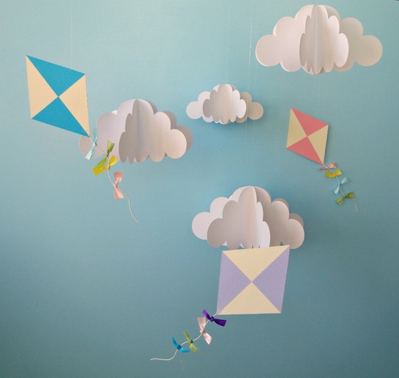 Large Hanging 3D Kites and Clouds (separates)/Baby Mobile/Nursery Mobile/Nursery Decor/Party Decor/Photo Prop