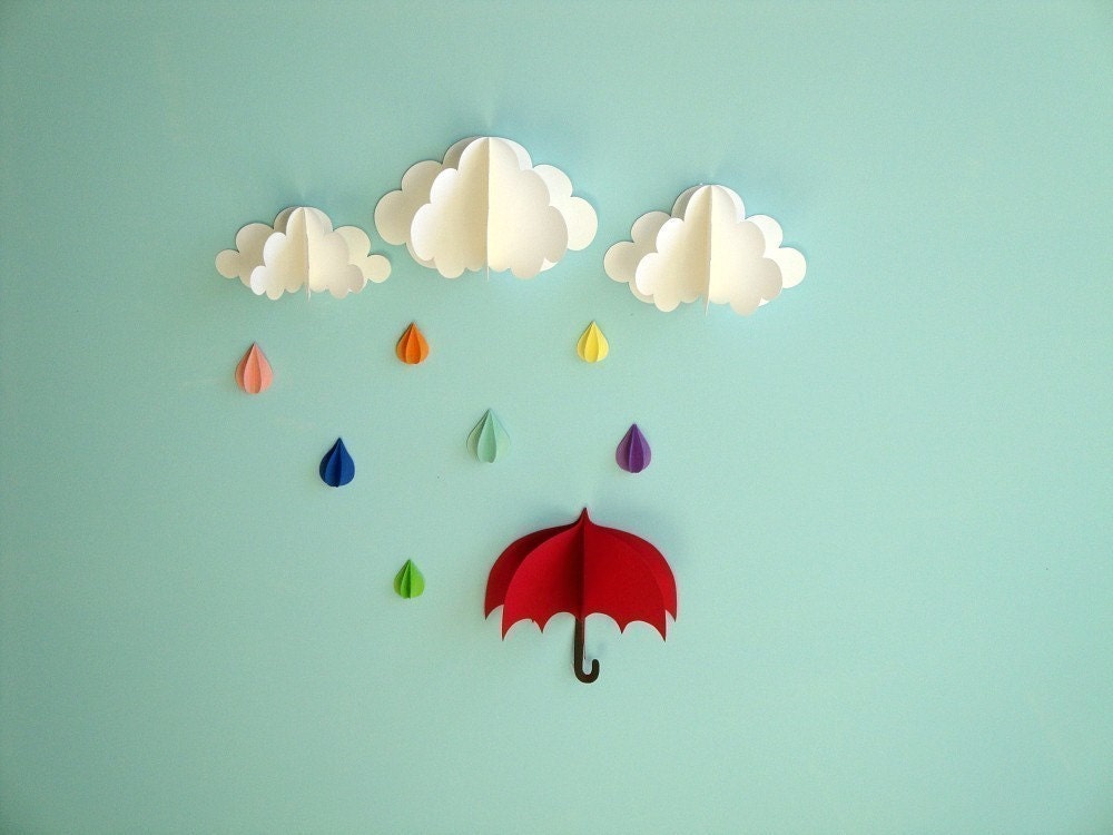 Red Umbrella, Raindrops and Clouds Wall Art/3D Paper Wall Decor/Wall Decals