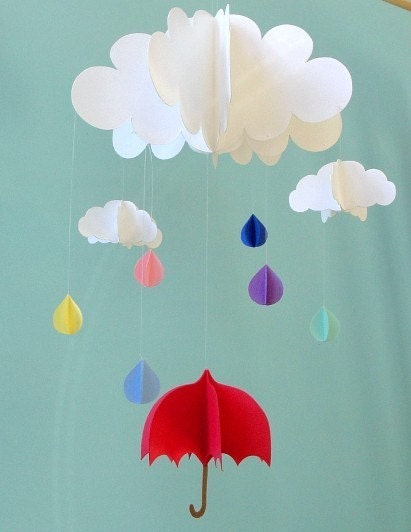 Rain Baby Mobile, Umbrella Baby Mobile, Raindrops Hanging Baby Mobile, 3D Paper Mobile, Nursery Mobile