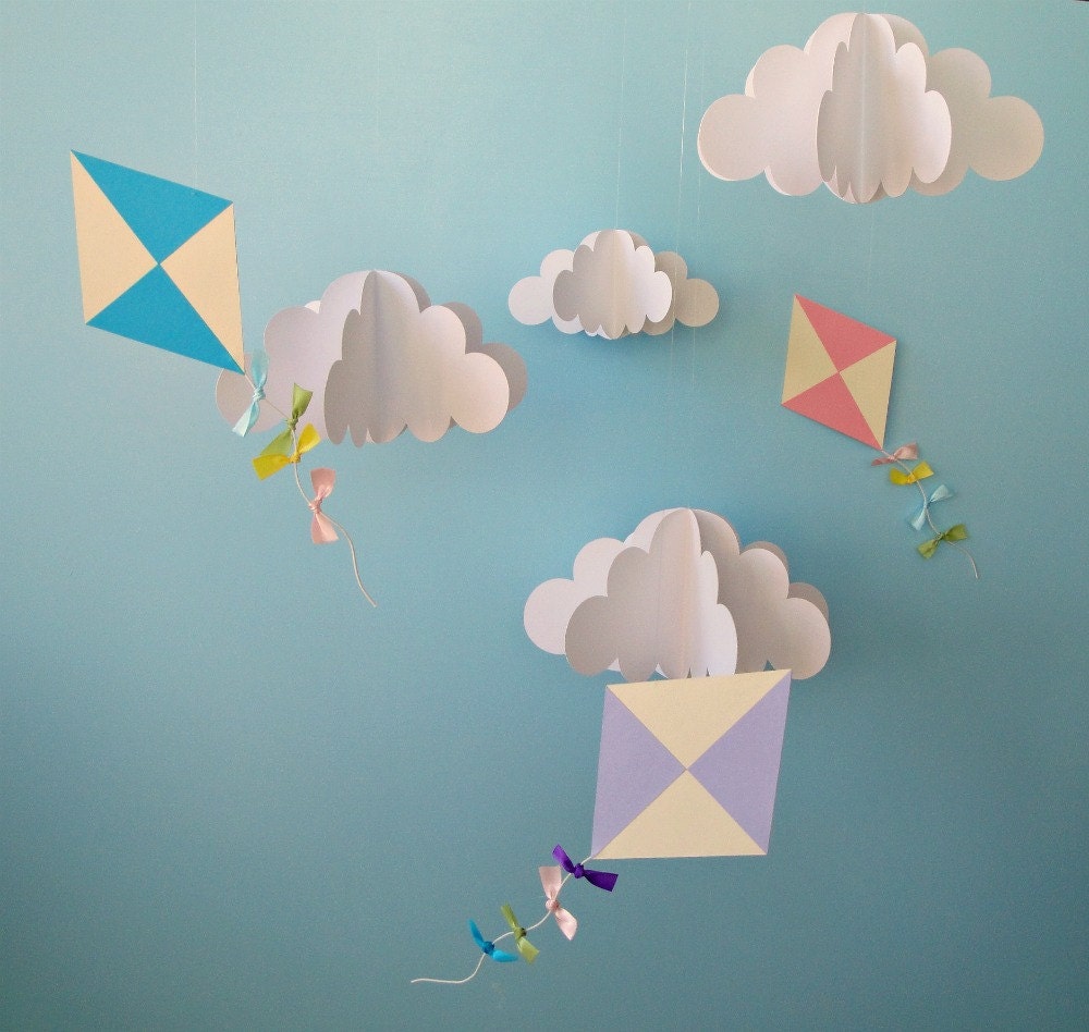 Large Hanging 3D Kites and Clouds (separates)/Baby Mobile/Nursery Mobile/Nursery Decor/Party Decor/Photo Prop