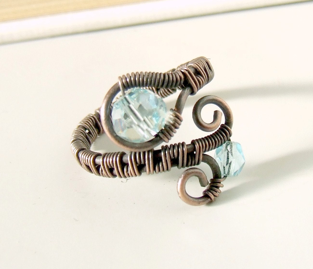 Aquamarine blue copper ring, adjustable rustic jewelry