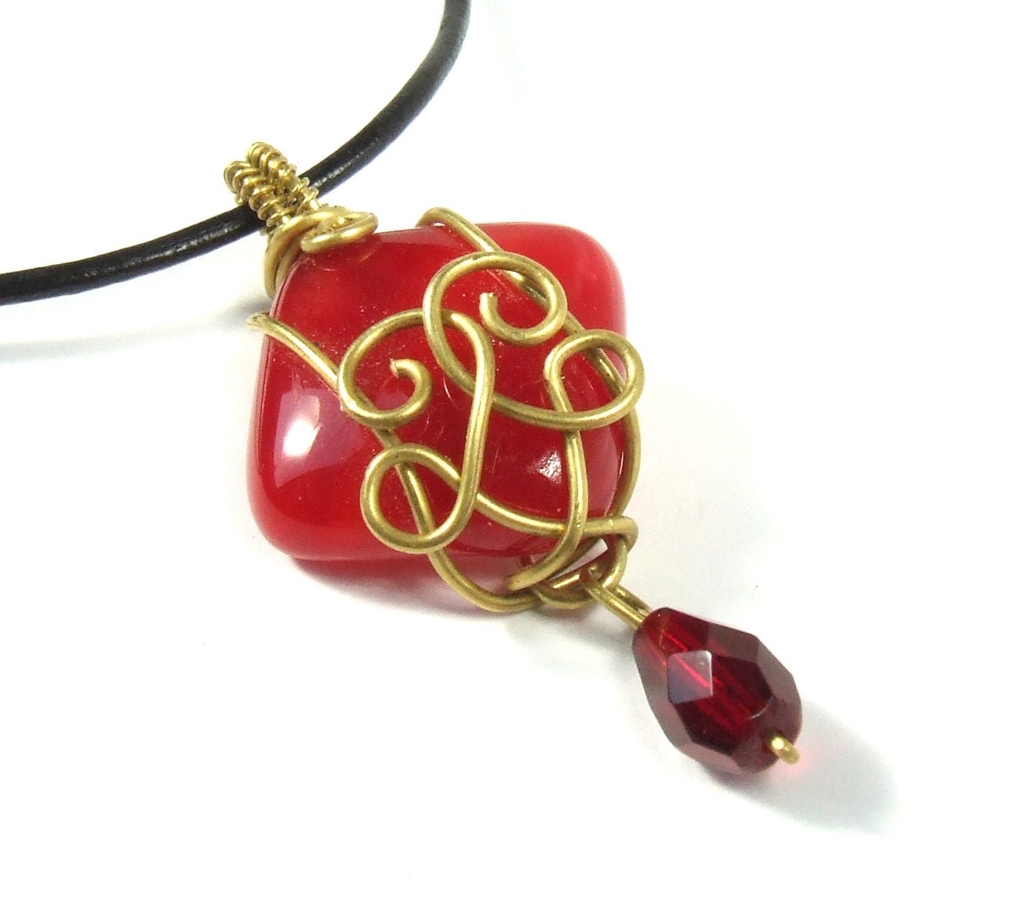 Red yellow necklace with fused glass pendant wire wrapped jewelry - VeraNasfa