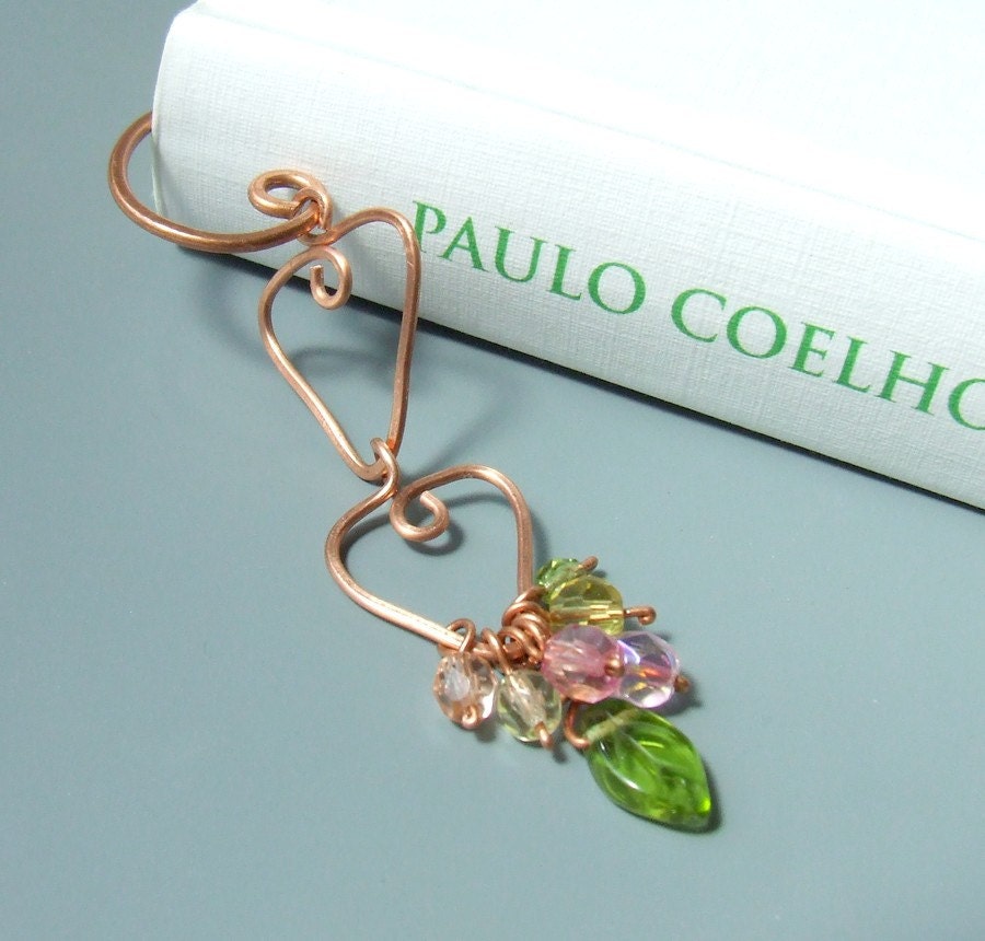 Art bookmark Hammered bookmark Back to school Copper spring like with leaves glass beads