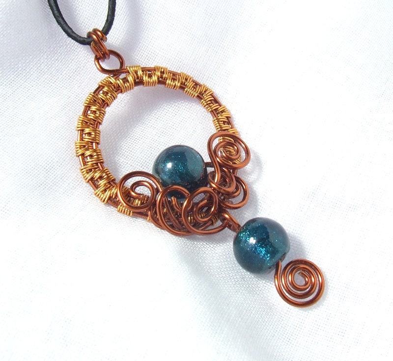 Night blue necklace with deep teal beads handmade copper enameled wire wrapped jewelry