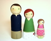 Large Family of 3 Peg Dolls- Personalized Custom Hand Painted Wood Peg Doll Family