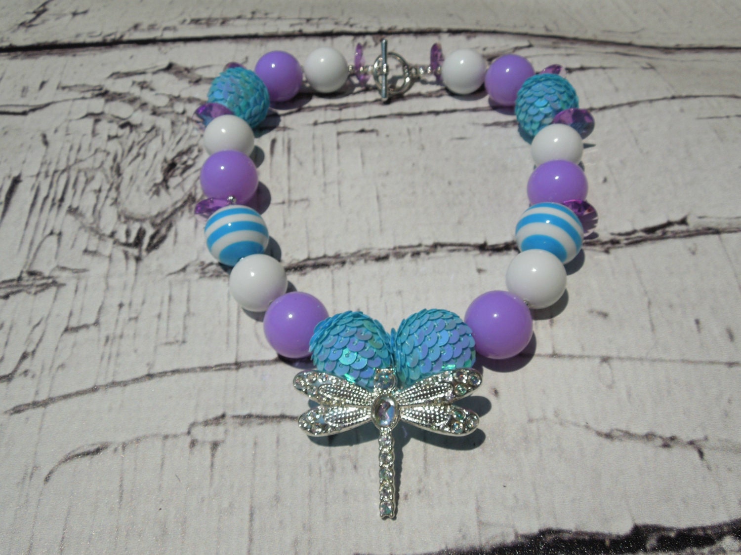 PRETTY CHUNKY Beaded Necklace With Lt. Blue Sequin Balls And Silver And Rhinestone Dragonfly Pendant-Photo Prop