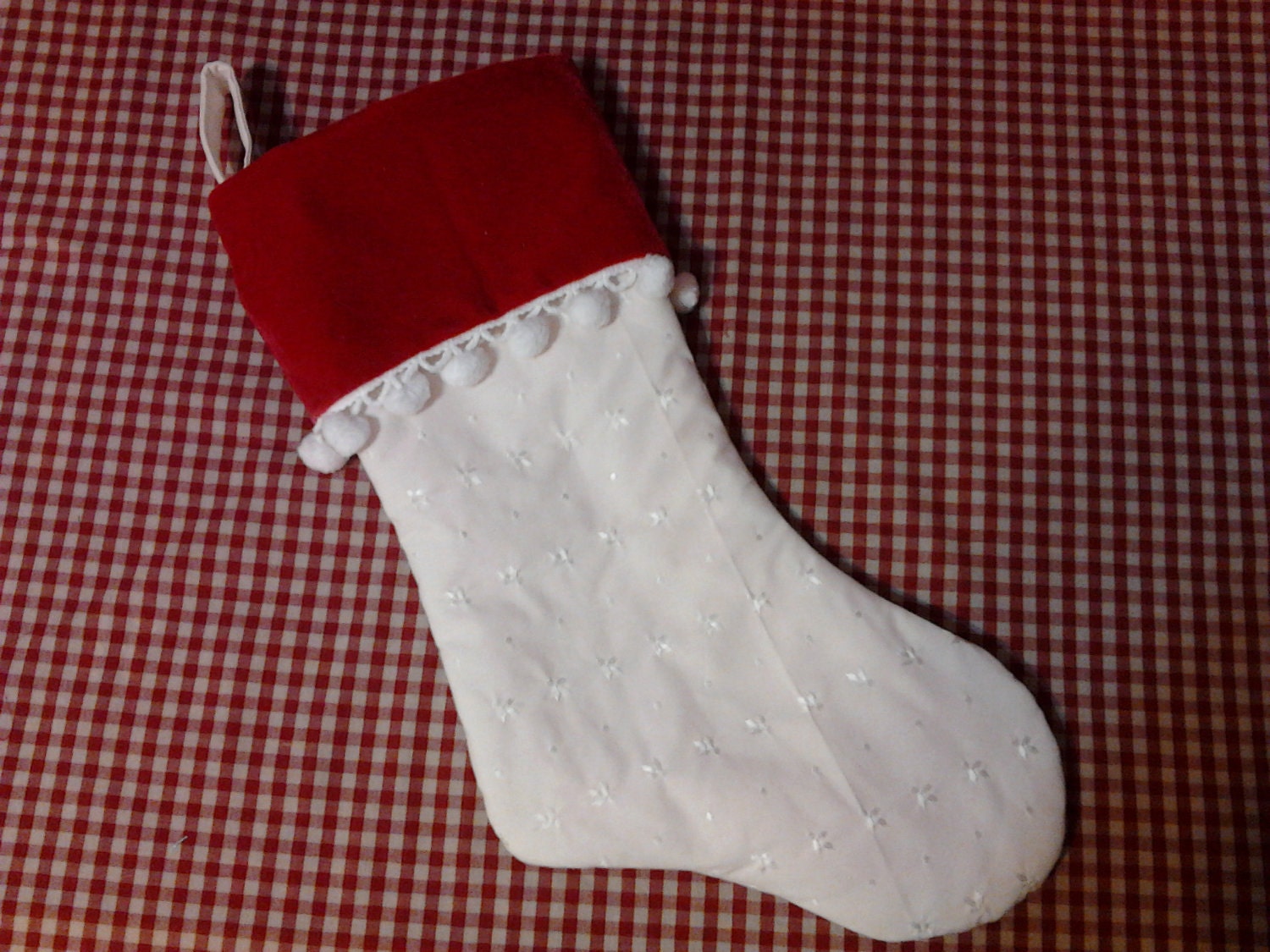 Handmade Custom Christmas Stocking Red Velour White Eyelet Pink Lining White pom poms